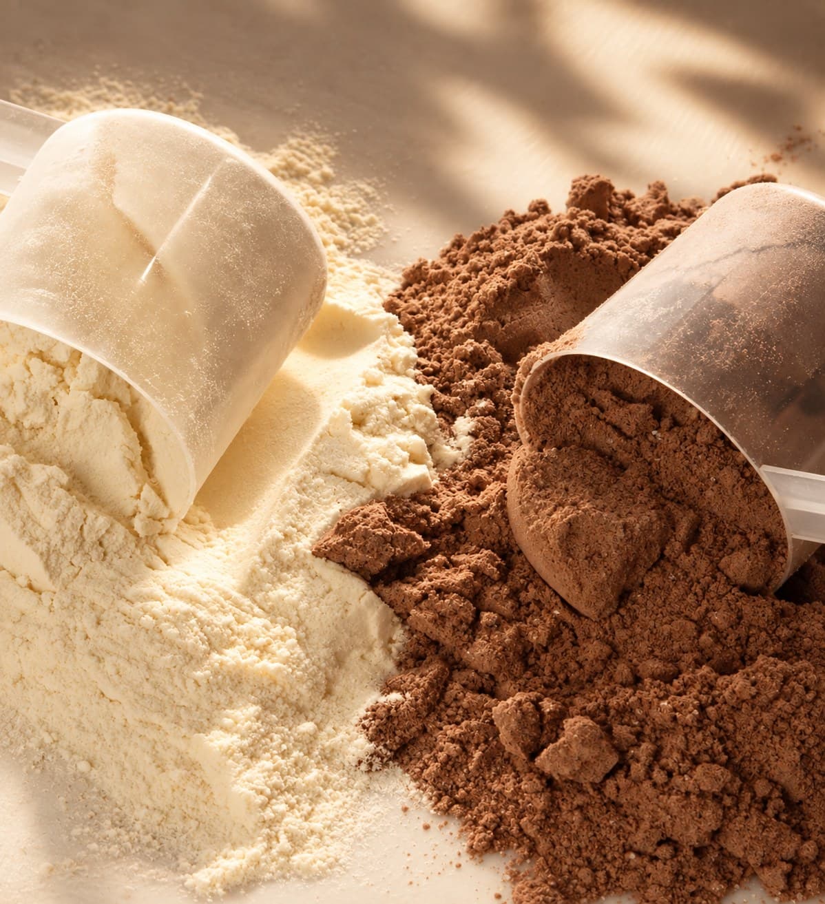 Deux mesurettes renversées côte à côte, l’une de poudre nature, l’autre de poudre cacao