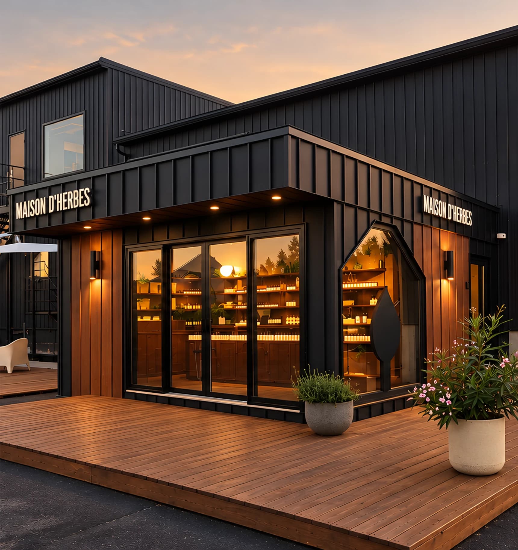 La boutique Maison d’Herbes à la ferme, au crépuscule.