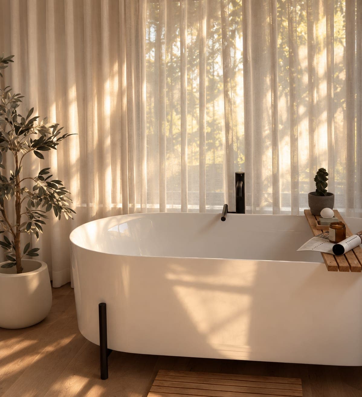 Baignoire îlot blanche devant de longs voilages de lin, lumière dorée du couchant et olivier en pot