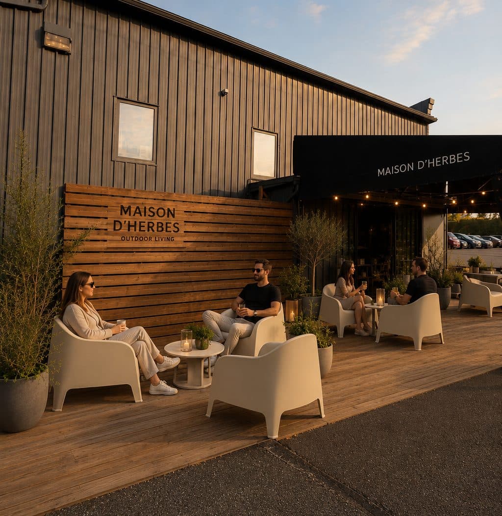 Terrasse extérieure Maison d’Herbes au coucher du soleil, clients assis dans des fauteuils crème